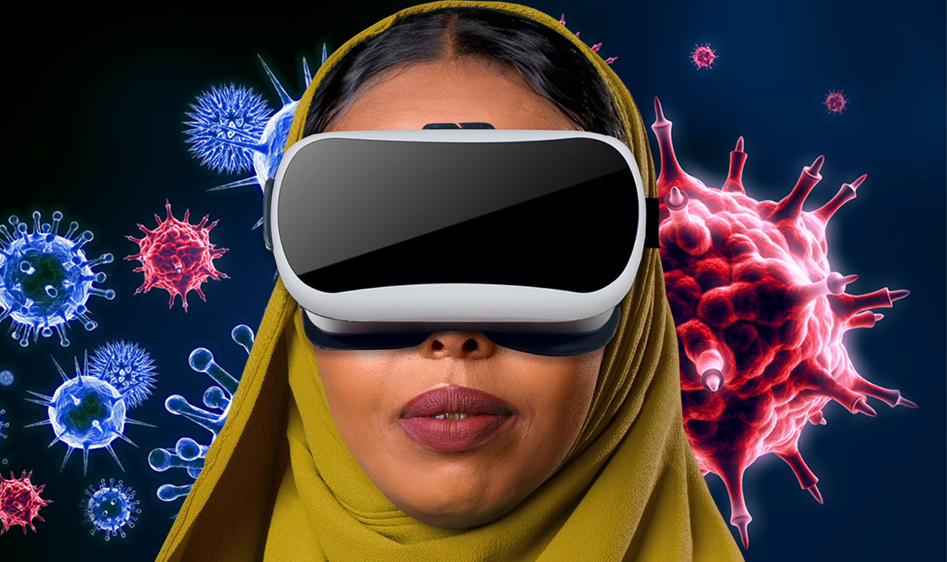 somali woman wearing vr visor with virus in background