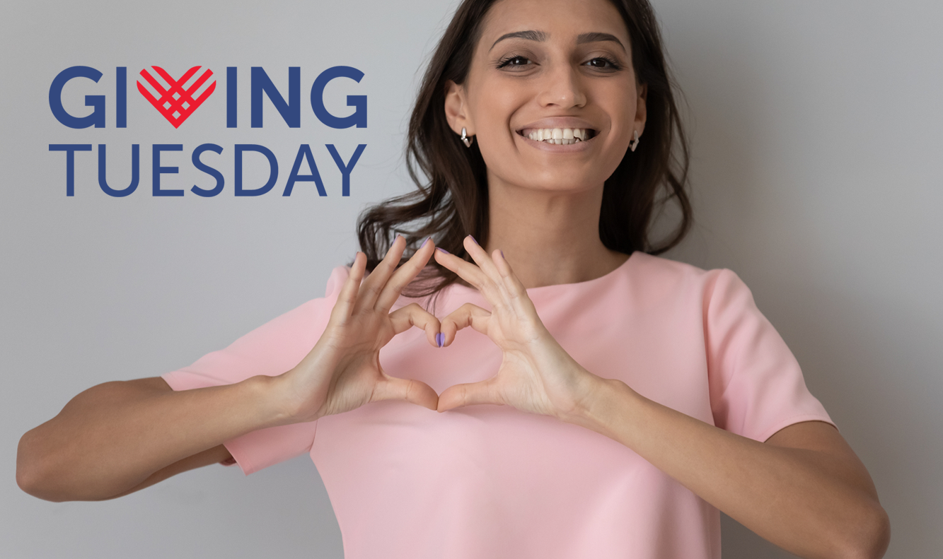 woman in pink shirt, gray background, giving tuesday blue-red logo
