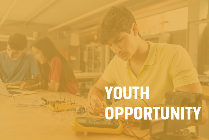 yellow overlay of image of student working plus text