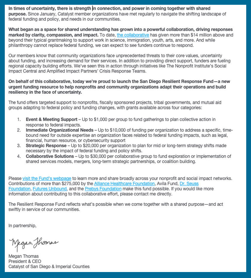 image of text letter from Catalyst SD/IC regarding San Diego Resilient Response Fund