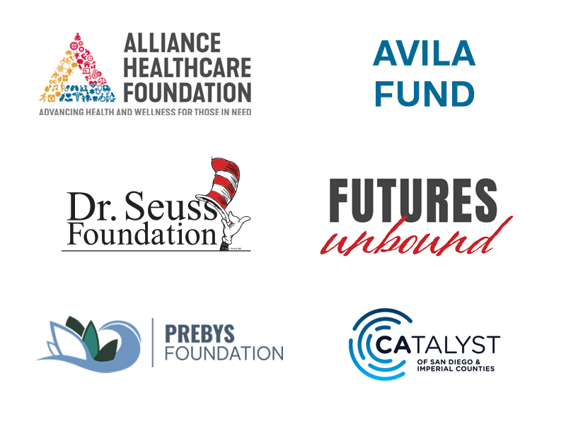 block of logos: AHF, Avila Fund, Dr. Seuss Foundation, Futures Unbound, Prebys Foundation, Catalyst SD/IC