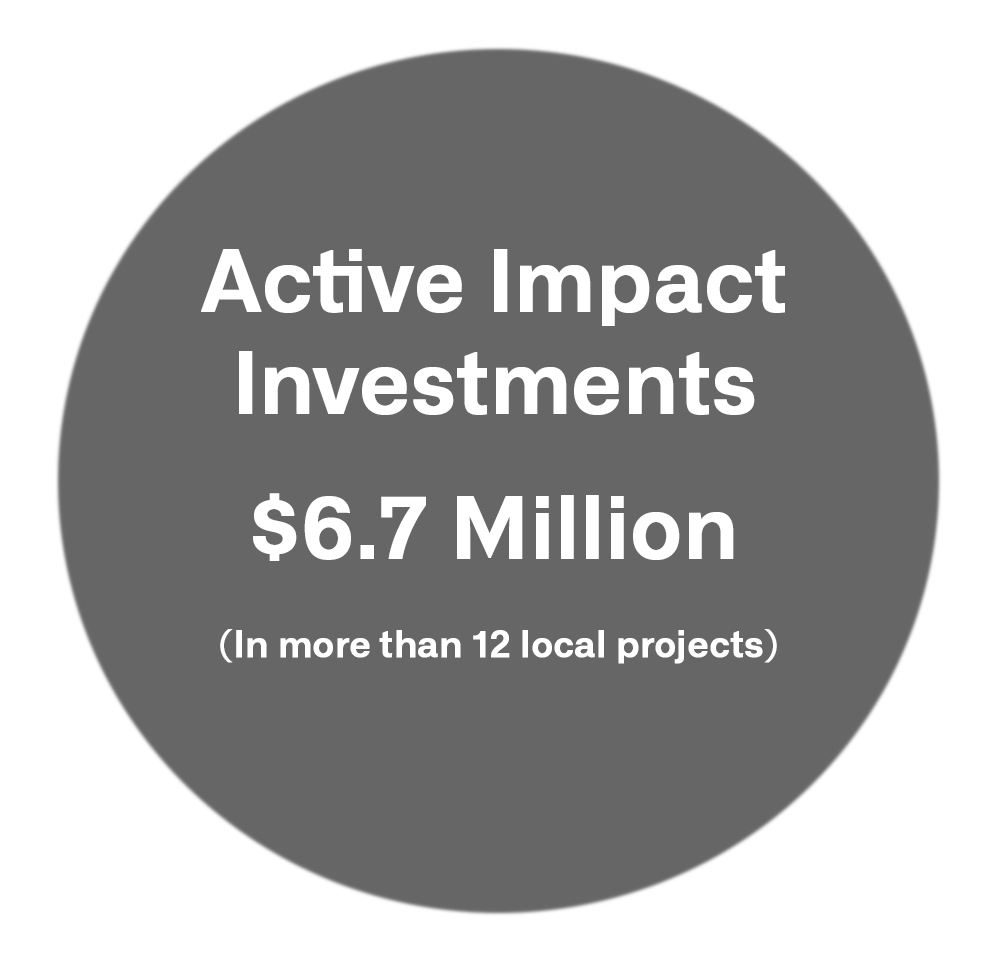 Grey circle. Text: Active Impact investments $6.7 million in 12 local projects